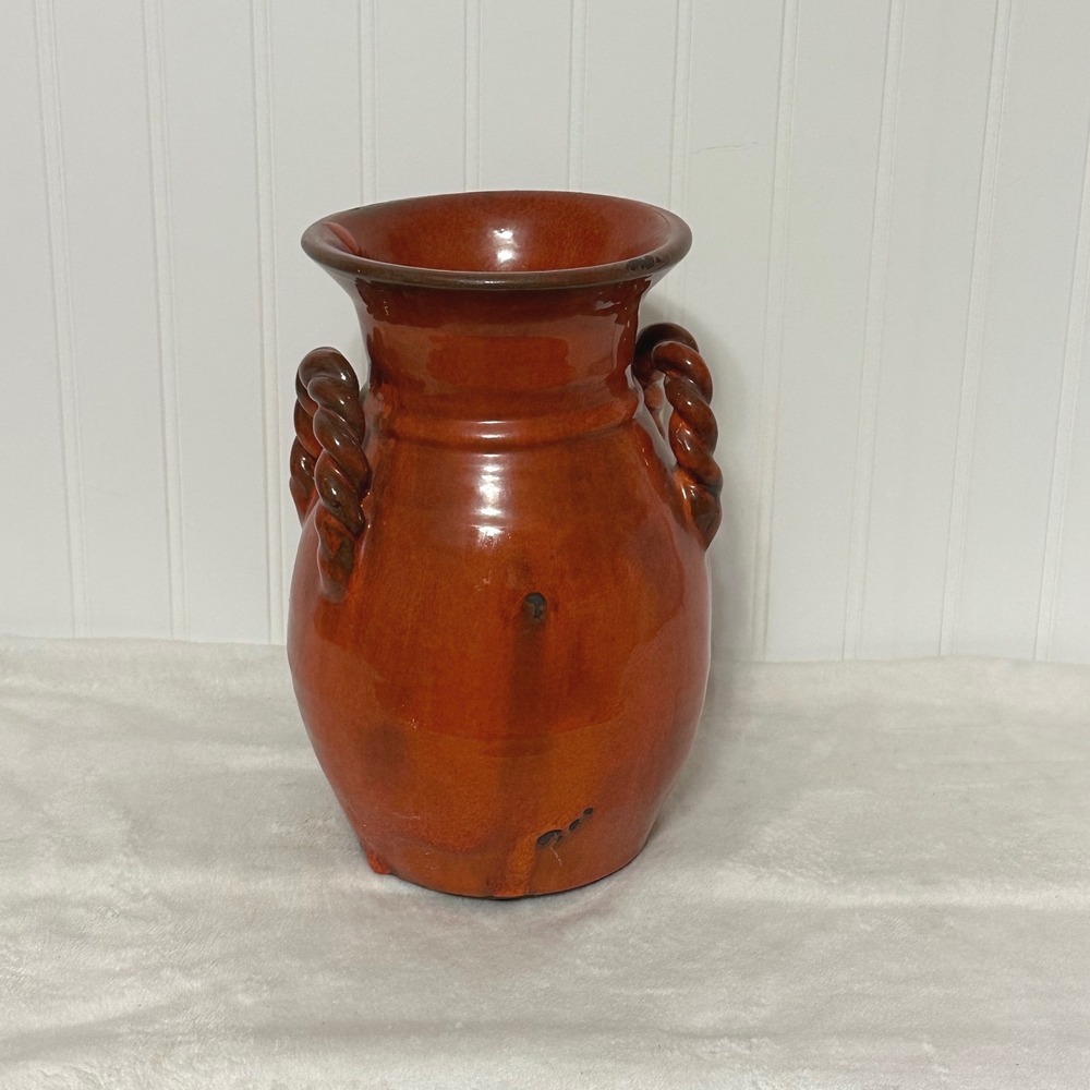 TII Collections Ceramic Urn Large 11in Orange Good Rustic Twisted Rope Handles
